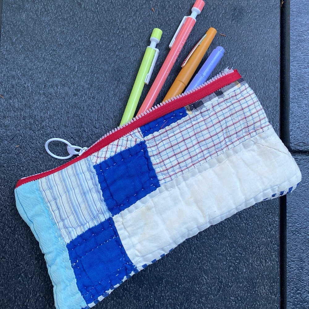 Vintage quilt pencil makeup bag for purse 2 unique prints